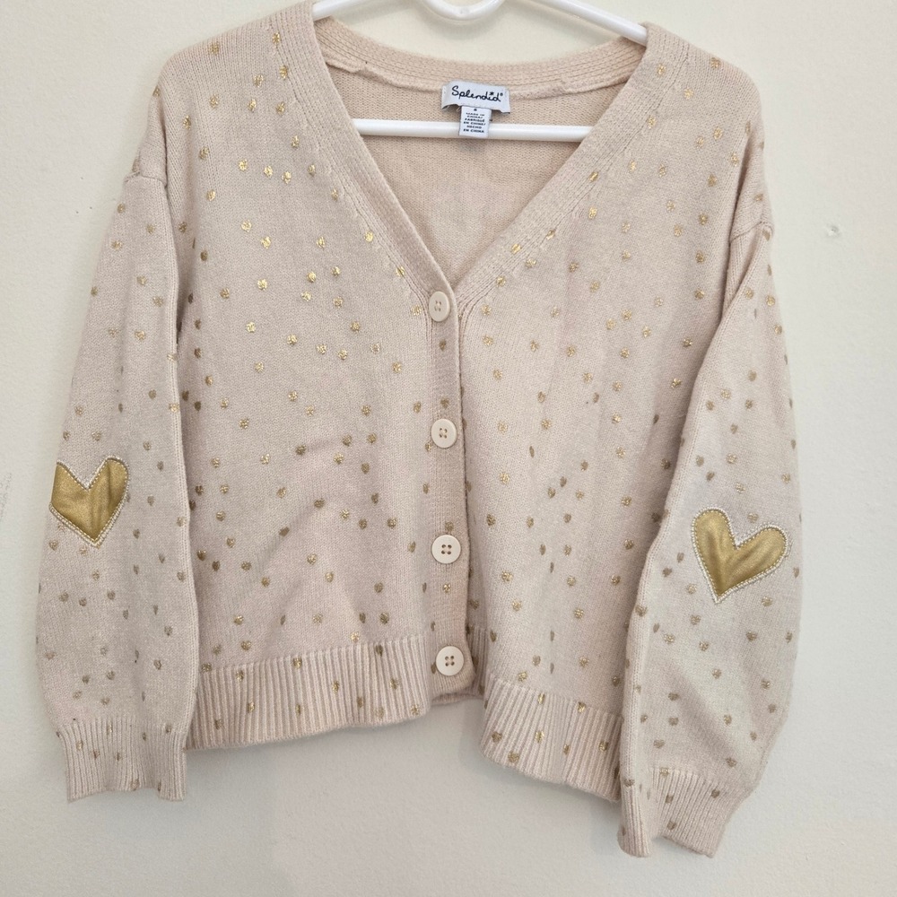Splendid Girls Cream GoldFoil Heart Button Front Cardigan Sweater Size 5 RTS2983